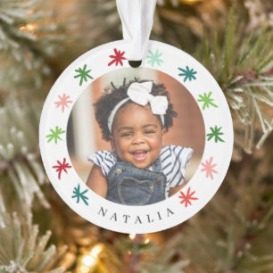 Colourful Snowflakes Kids 2 Photo Name Christmas Ornament