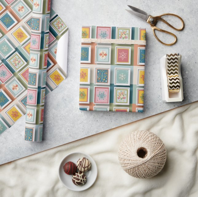 Colourful Snowflakes on Pastel Patchwork Wrapping Paper (Crafts)