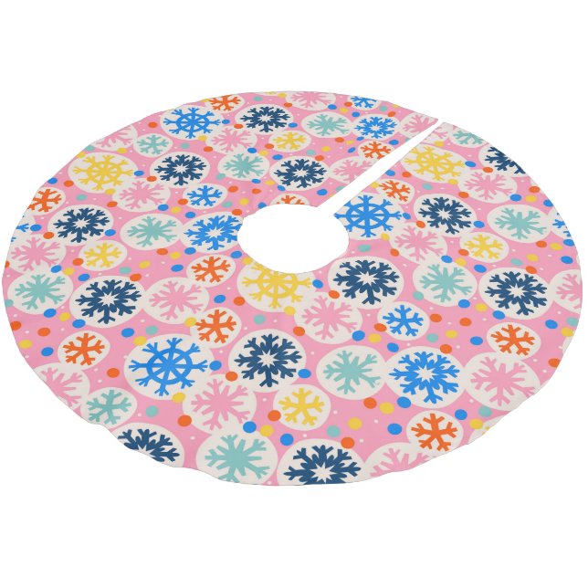 Colourful Snowflakes on Pink Holiday Pattern Brushed Polyester Tree Skirt (Angled)