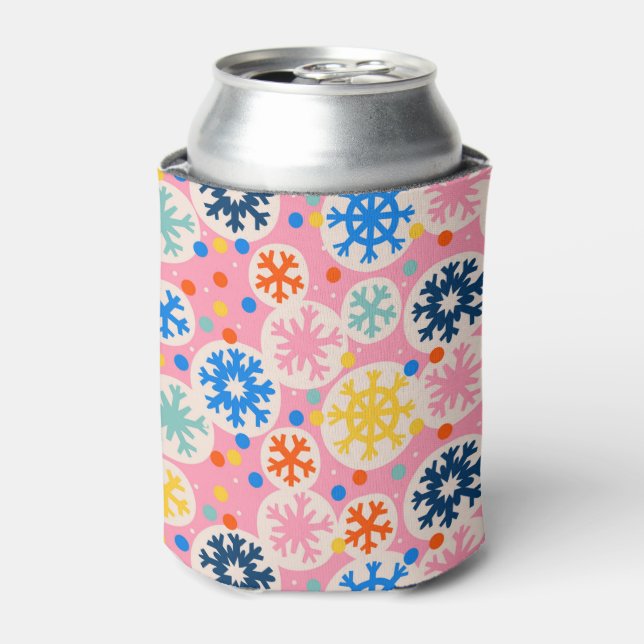 Colourful Snowflakes on Pink Holiday Pattern Can Cooler (Can Front)