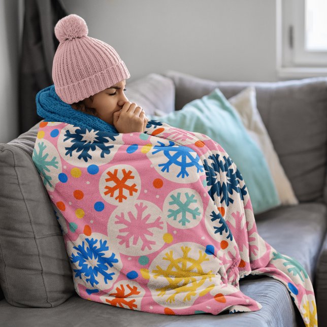 Colourful Snowflakes on Pink Holiday Pattern Fleece Blanket (Kid wrapped in blanket)