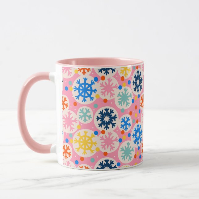 Colourful Snowflakes on Pink Holiday Pattern Mug (Left)