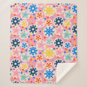 Colourful Snowflakes on Pink Holiday Pattern Sherpa Blanket