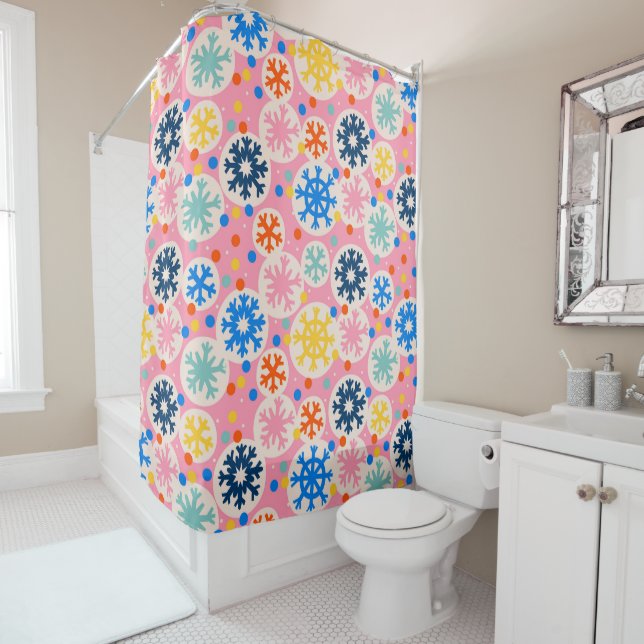 Colourful Snowflakes on Pink Holiday Pattern Shower Curtain (In Situ)