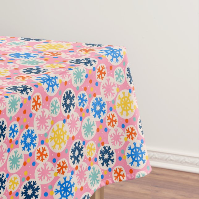 Colourful Snowflakes on Pink Holiday Pattern Tablecloth (In Situ)