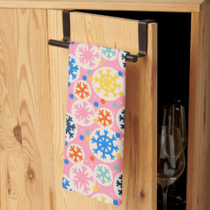 Colourful Snowflakes on Pink Holiday Pattern Tea Towel
