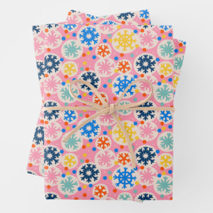 Colourful Snowflakes on Pink Holiday Pattern Wrapping Paper Sheet