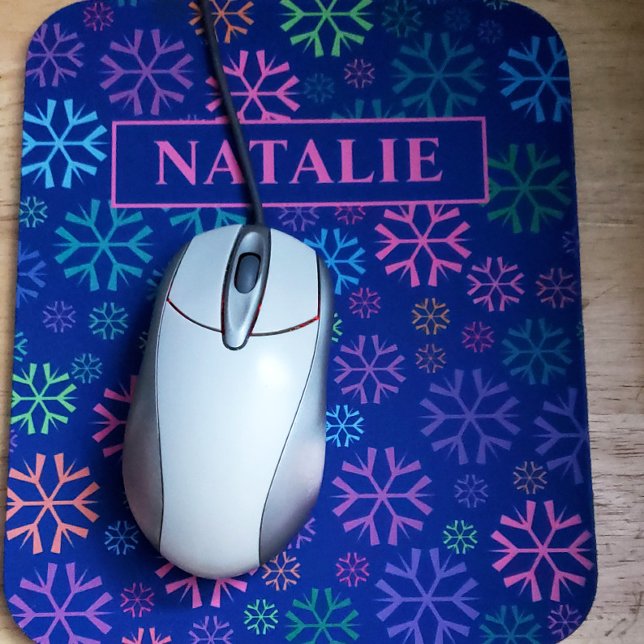 Colourful Snowflakes Pattern on Blue Pink Name Mouse Pad (mousepad shown in situ with a mouse. color is slightly lighter than shown due to shadows in photo)