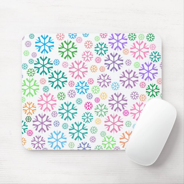 Colourful Snowflakes Pattern on White Mouse Pad (With Mouse)