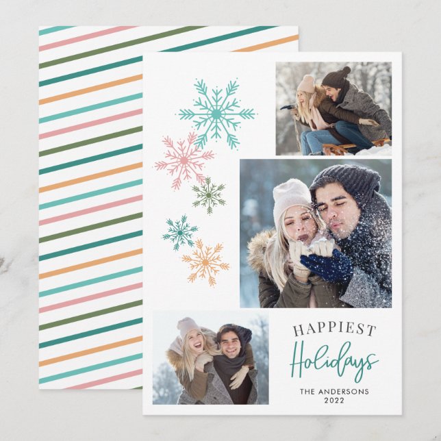 Colourful Snowflakes Photo Teal Happiest Holidays Holiday Card (Front/Back)