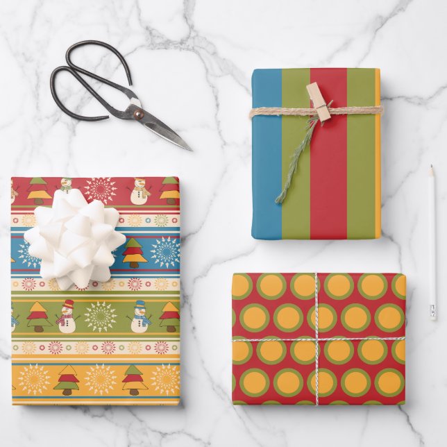 Colourful Snowman Christmas Wrapping Paper Set (Front)