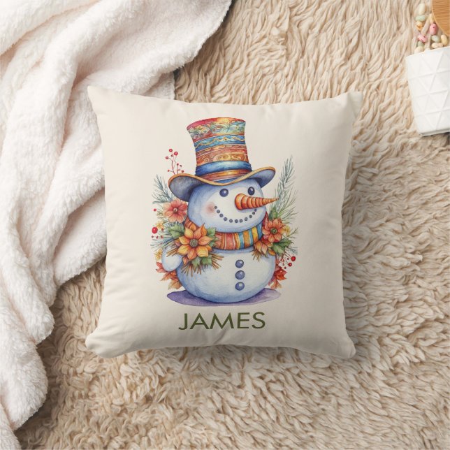 Colourful Snowman in Watercolor Pattern Hat Festiv Cushion (Blanket)