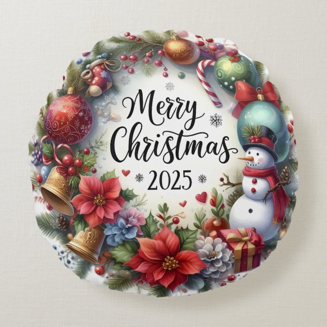 Colourful Snowman & Ornaments Christmas Pillow (Front)