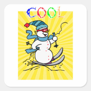 Colourful Snowman Skiing funny cute snowman sk Square Sticker