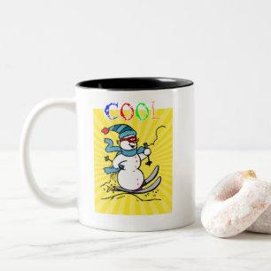 Colourful Snowman Skiing   funny cute snowman   sk Two-Tone Coffee Mug