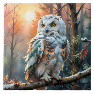 Colourful Snowy owl in Autumnal Forest Ceramic Tile