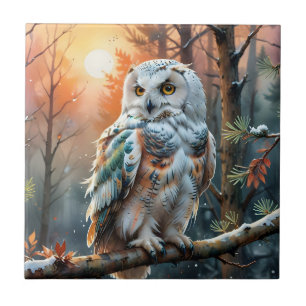 Colourful Snowy owl in Autumnal Forest Ceramic Tile