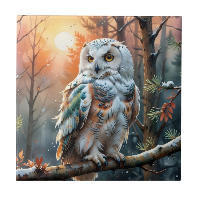 Colourful Snowy owl in Autumnal Forest Ceramic Tile (Front)
