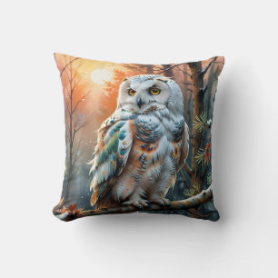 Colourful Snowy owl in Autumnal Forest Cushion