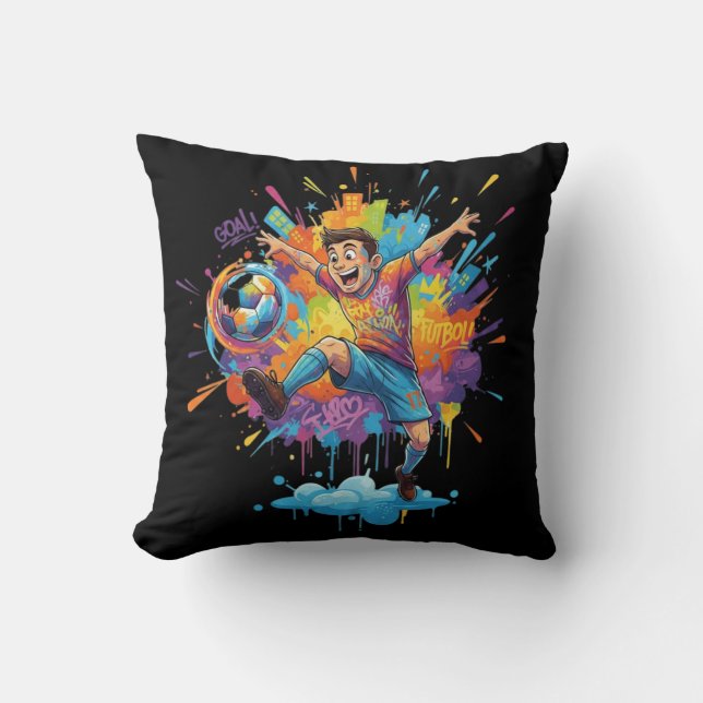 Colourful Soccer Boy Throw Pillow (Front)
