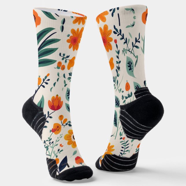 Colourful socks with a floral pattern of orange (Angled)