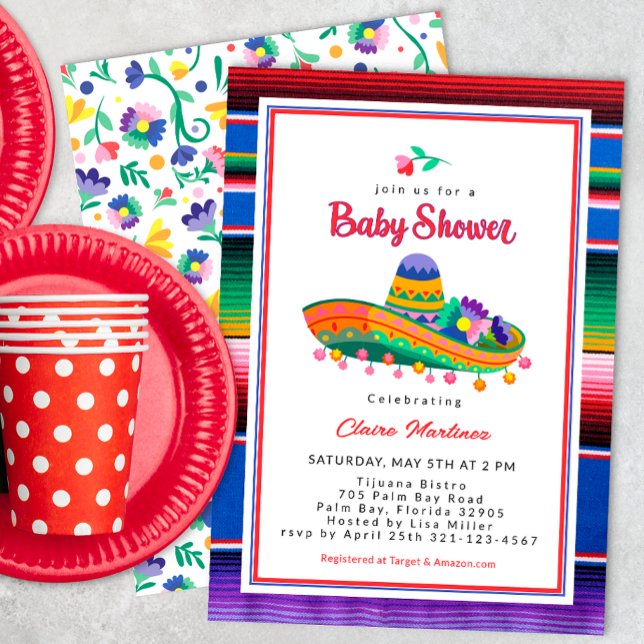Colourful Sombrero Fiesta Baby Shower Invitation (Mexican Floral Fiesta Baby Shower Invite)