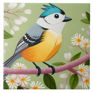 Colourful Songbird Perched on Blossoming Branch Ceramic Tile