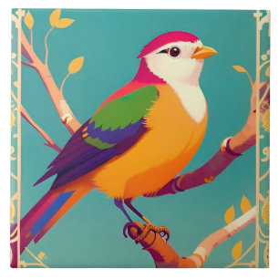 Colourful Songbird Perched on Blossoming Branch Ceramic Tile