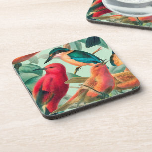 Colourful Songbirds & Green Leaves Pattern Coaster