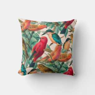 Colourful Songbirds & Green Leaves Pattern Cushion