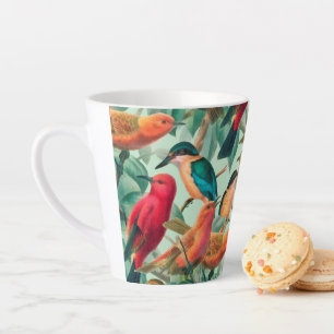 Colourful Songbirds & Green Leaves Pattern Latte Mug