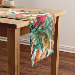 Colourful Songbirds & Green Leaves Pattern Short Table Runner