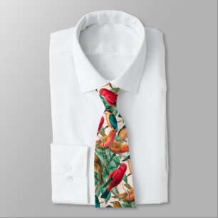 Colourful Songbirds & Green Leaves Pattern Tie