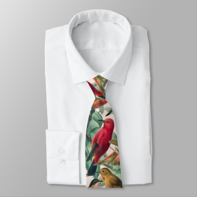 Colourful Songbirds & Green Leaves Pattern Tie (Tied)