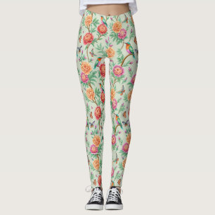 Colourful Songbirds Orange Flowers Green Leaves Leggings