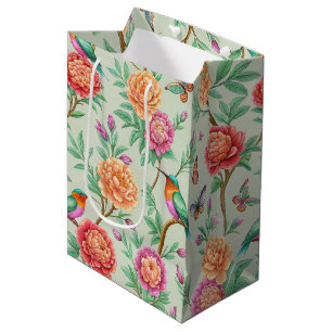 Colourful Songbirds Orange Flowers Green Leaves Medium Gift Bag