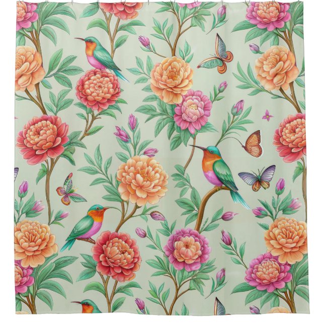 Colourful Songbirds Orange Flowers Green Leaves Shower Curtain (Front)