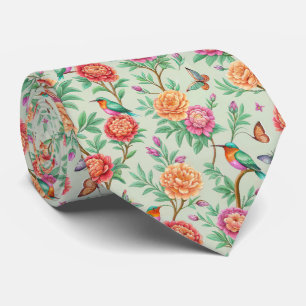 Colourful Songbirds Orange Flowers Green Leaves Tie