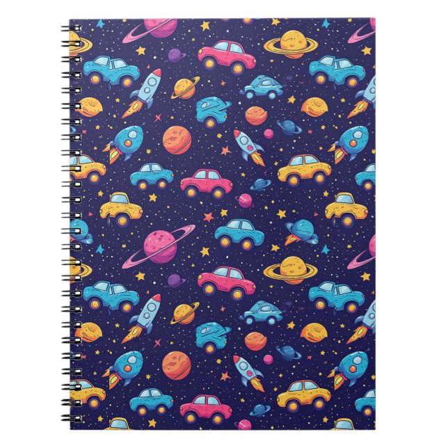 Colourful Space Adventure With Cars, Rockets Notebook (Front)