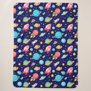 Colourful Space Cartoon Pattern Sherpa Blanket