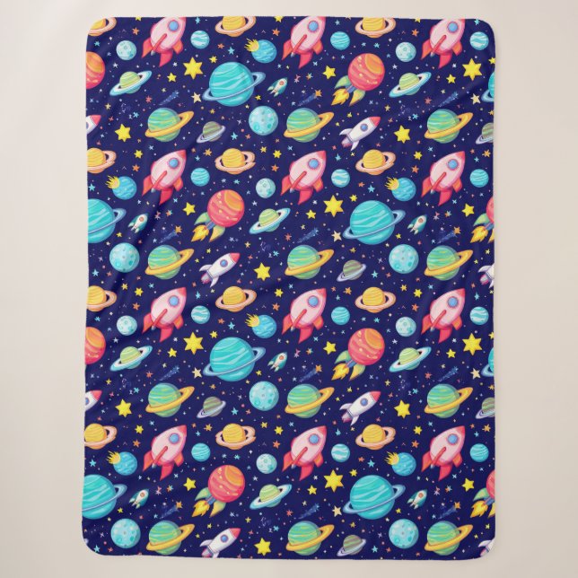 Colourful Space Cartoon Pattern Sherpa Blanket (Front)