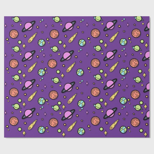 Colourful Space Doodle Wrapping Paper | Planets (Flat)