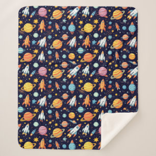 Colourful Space Exploration Pattern Sherpa Blanket