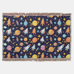 Colourful Space Exploration Pattern Throw Blanket