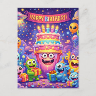 Colourful Space Monster Birthday Party with UFO  Postcard