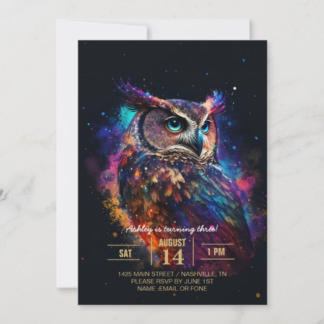 Colourful Space Owl            Invitation (Front)