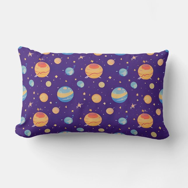 Colourful Space Pattern with Planets, Stars Lumbar Cushion (Front)