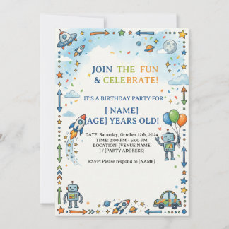 Colourful Space Rocket & Robot Blank Birthday Part Invitation
