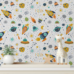 Colourful Space Rockets Nursery Peel and Stick Wallpaper