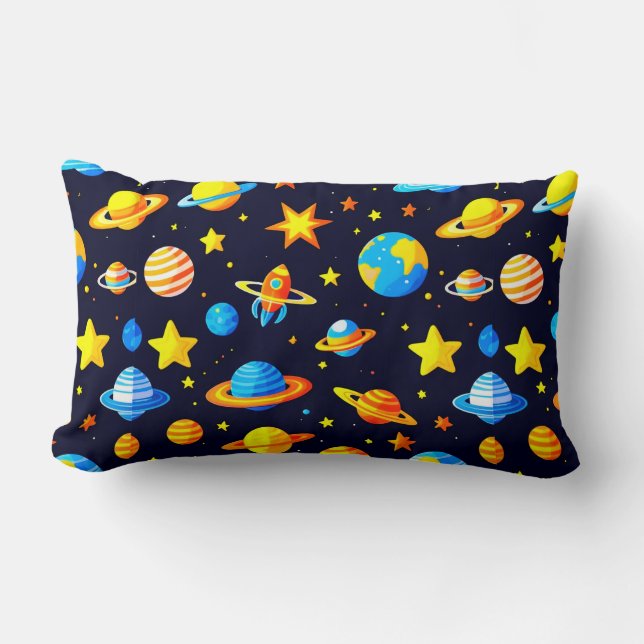 Colourful Space Theme Illustration With Planets Lumbar Cushion (Front)